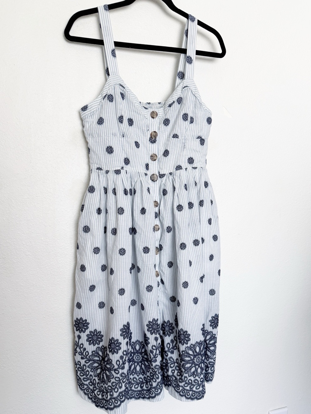 Maeve Savoy Buttondown Dress Blue Stripe Embroidered Midi Anthropologie - Picture 13 of 14